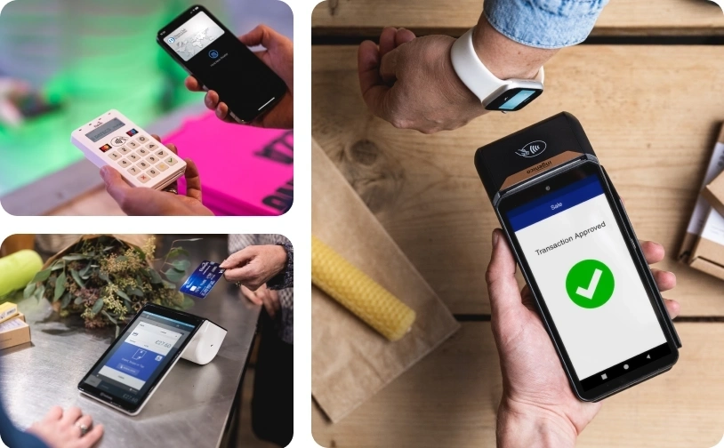 Collage of 3 images showing different payment methods: contactless payment with a smartwatch, a cashier handing a card machine to a customer, and a modern POS system with a touchscreen and card reader.