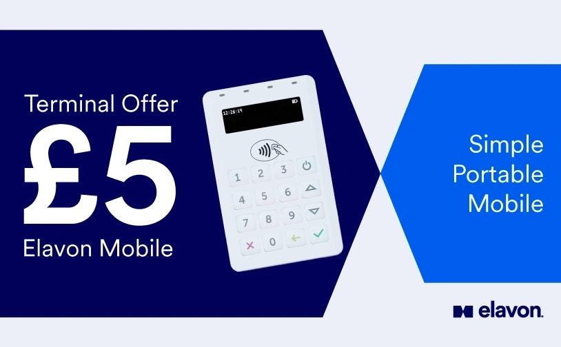 Elavon Mobile card reader shown alongside a five pound terminal offer with simple portable mobile messaging