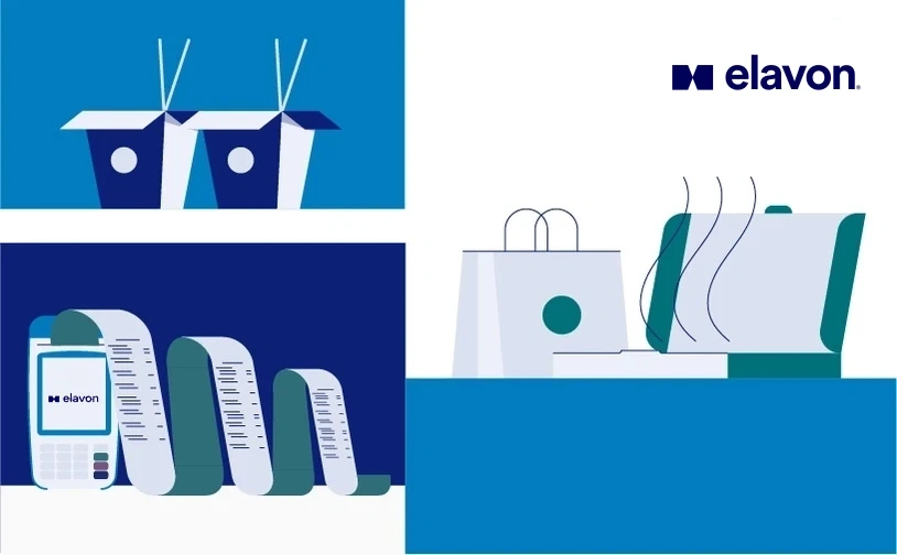 Illustration of Elavon payment terminals with takeaway food packaging and a shopping bag