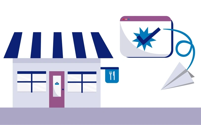 Illustration of a restaurant with online booking confirmation and a paper aeroplane