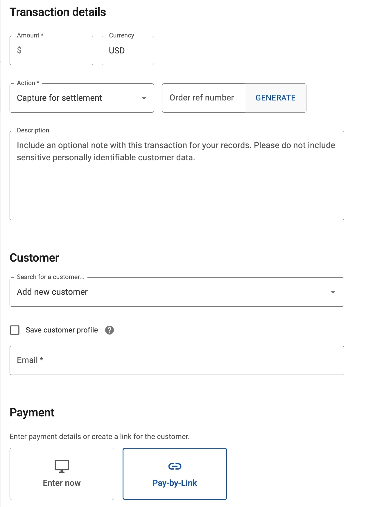 Create pay by link transaction