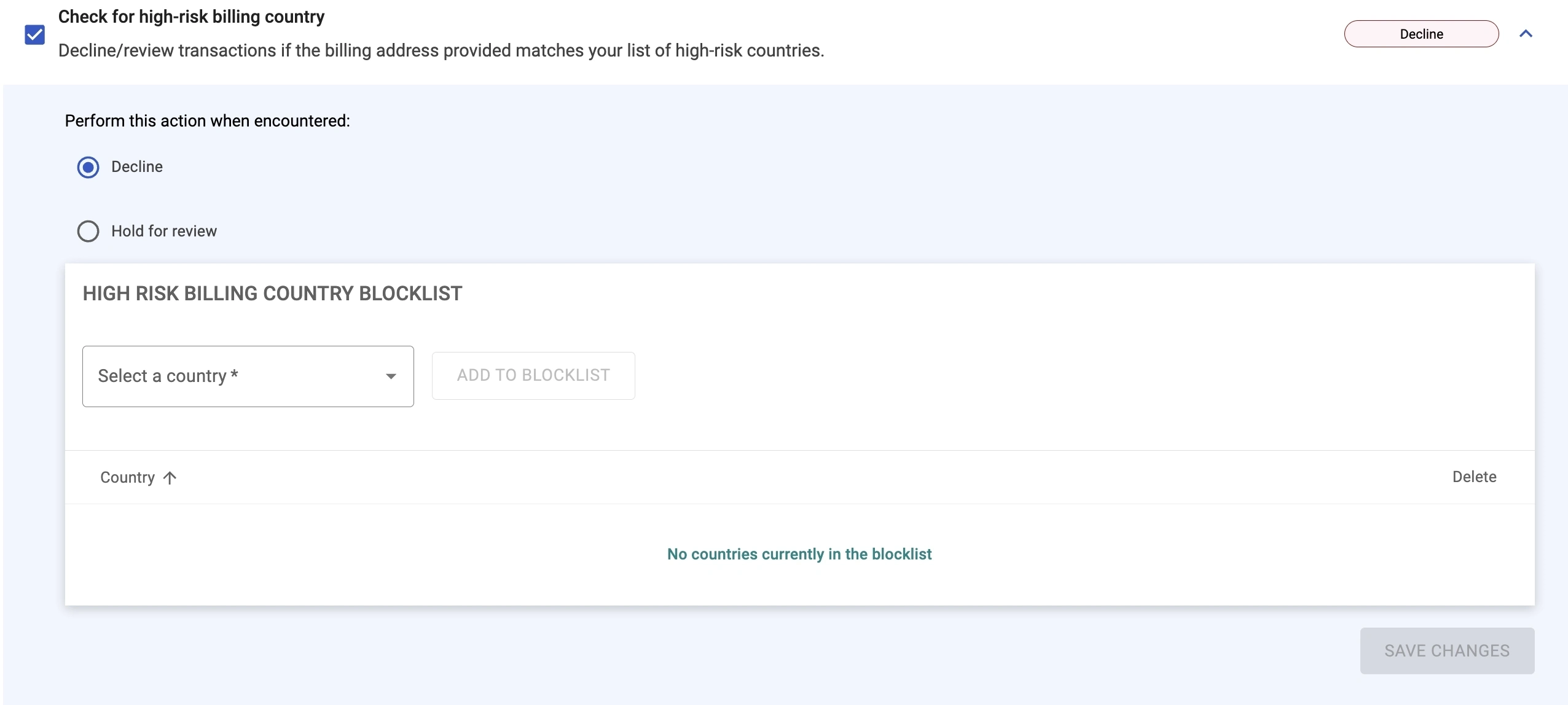 Check for high risk billing country