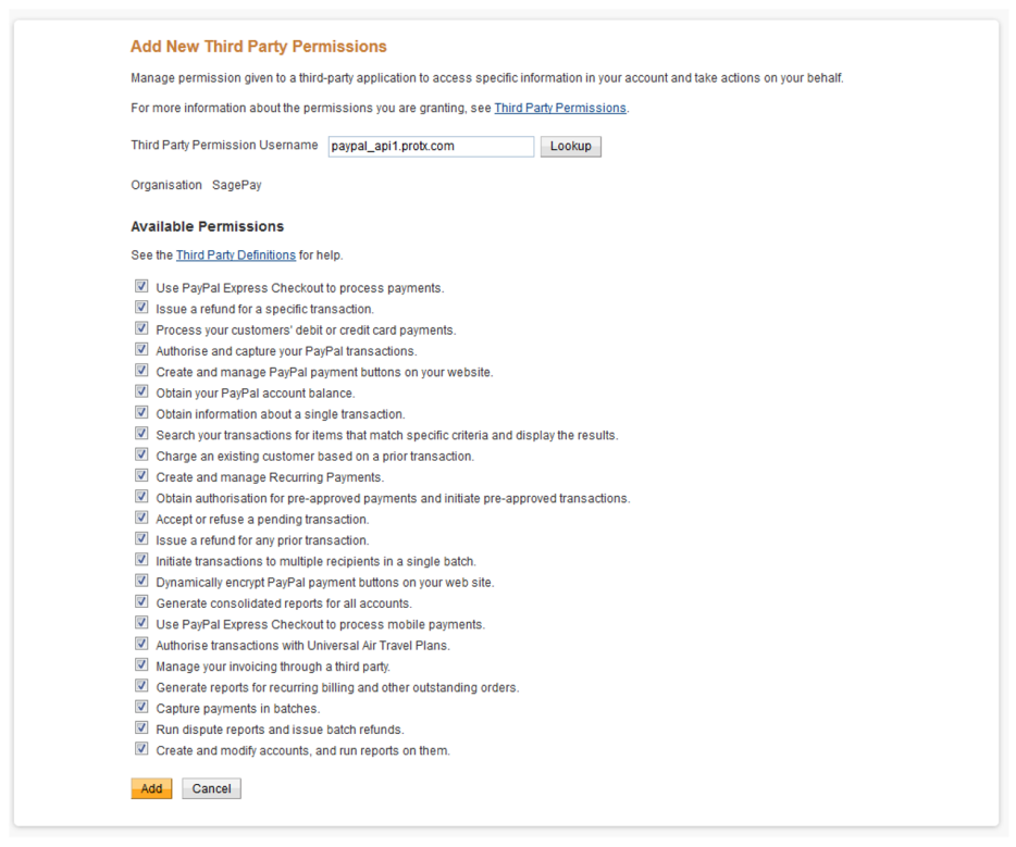 Paypal third party permissions